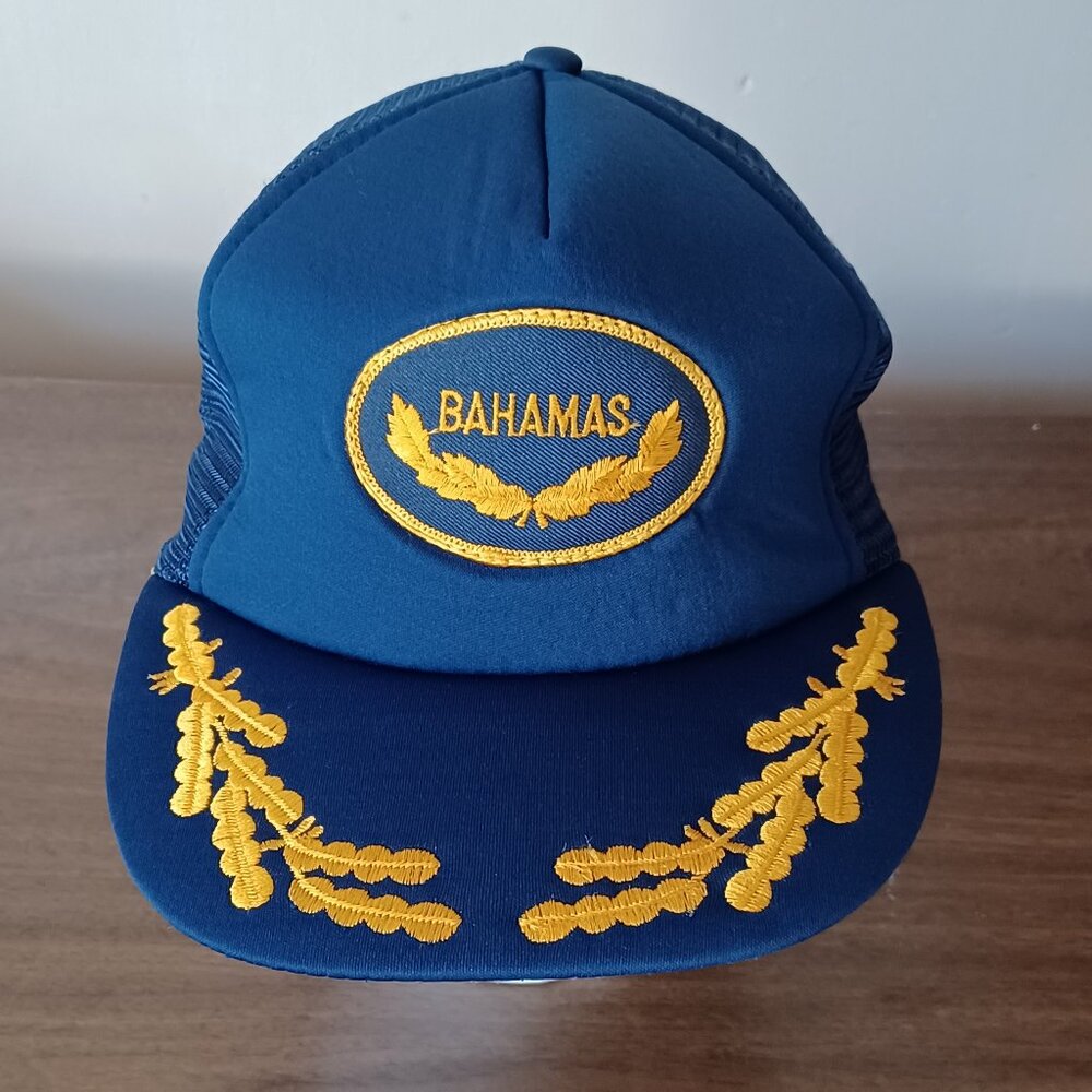 Vintage 1980s Made in Taiwan Bahamas Embroidered Blue Trucker Hat Snapback Cap